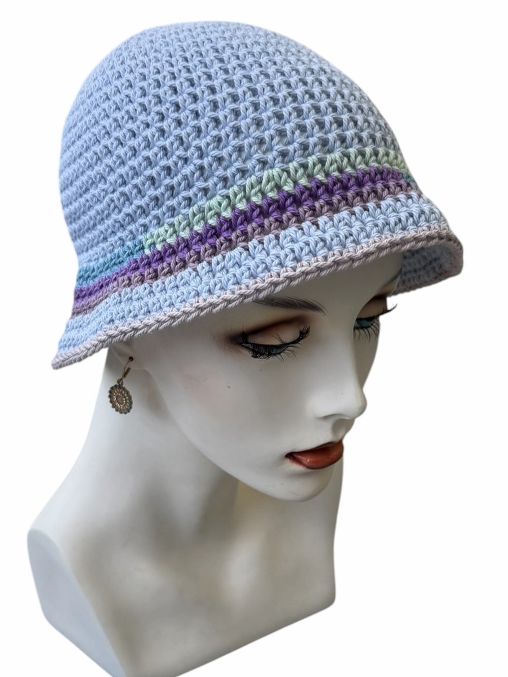Handmade Crochet 100% cotton Bucket Hat in Light blue with contrasting stitches